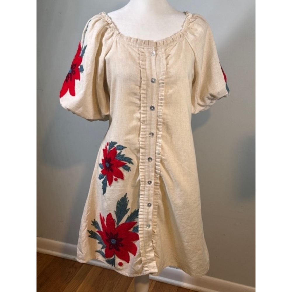 Bohera Embroidered Button Front Mini Dress XL Cream Floral Puff Sleeve Boho